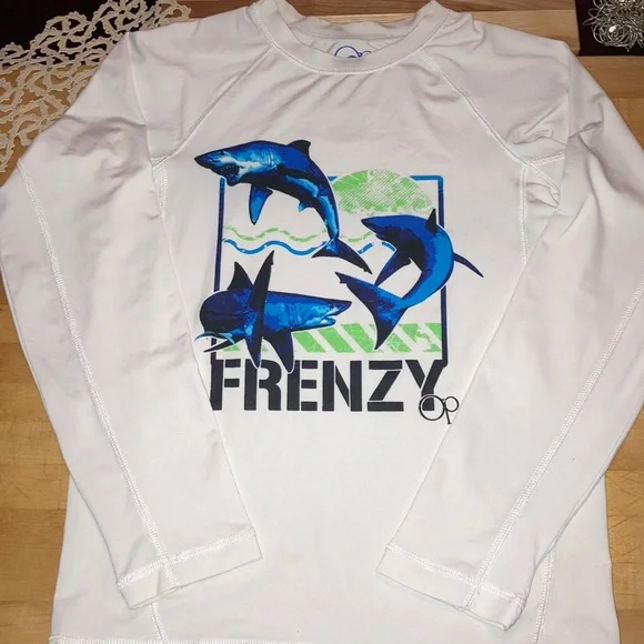 Long Sleeve Protective Sun Surf Shirt White Rash Guard Blue Shark Print OP 10 12 - Picture 2 of 6